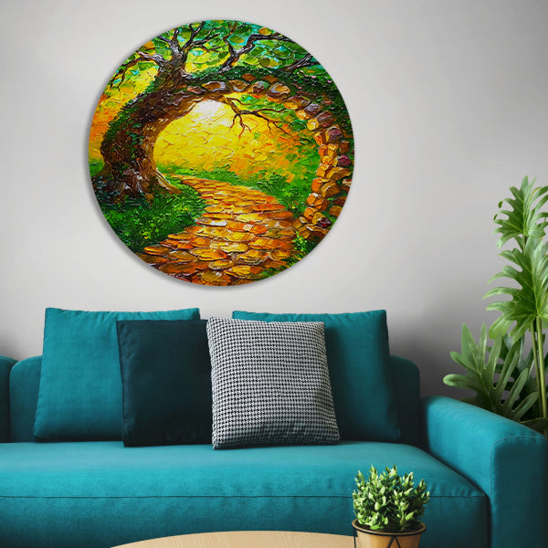 Kleurrijke boom met pad in zonlicht aluminium muurcirkel