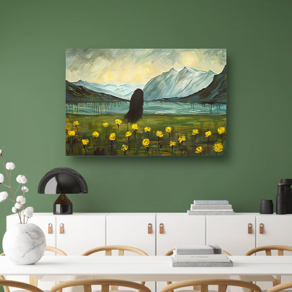 Abstract schilderij van berglandschap met bloemen canvas met baklijst