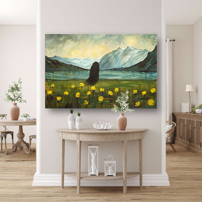 Abstract schilderij van berglandschap met bloemen poster
