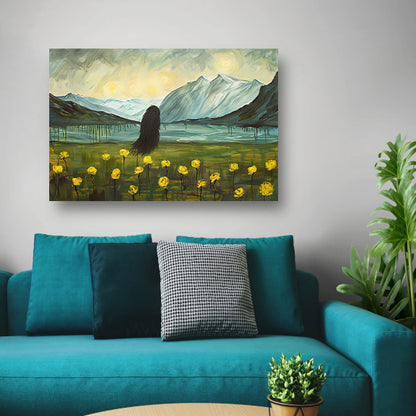 Abstract schilderij van berglandschap met bloemen canvas met baklijst