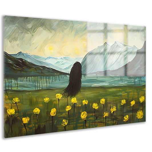 Abstract schilderij van berglandschap met bloemen acrylglas