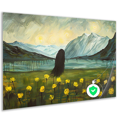 Abstract schilderij van berglandschap met bloemen poster