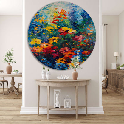 Kleurrijk abstract bloemenveld schilderij forex muurcirkel