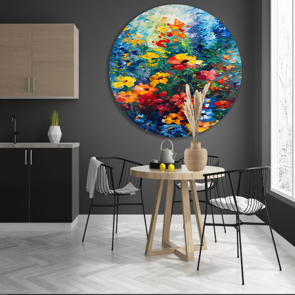 Kleurrijk abstract bloemenveld schilderij forex muurcirkel