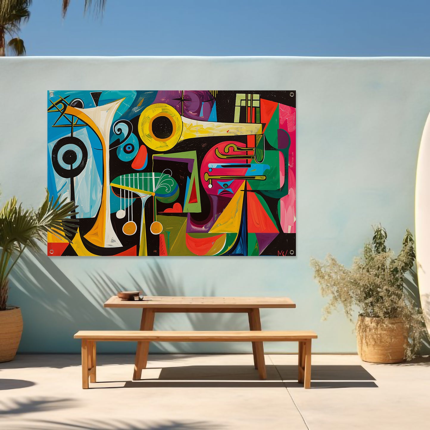 Abstracte muzikale vormen in levendige kleuren tuinposter