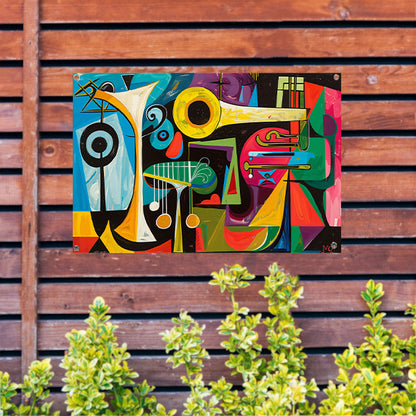 Abstracte muzikale vormen in levendige kleuren tuinposter