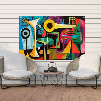 Abstracte muzikale vormen in levendige kleuren tuinposter