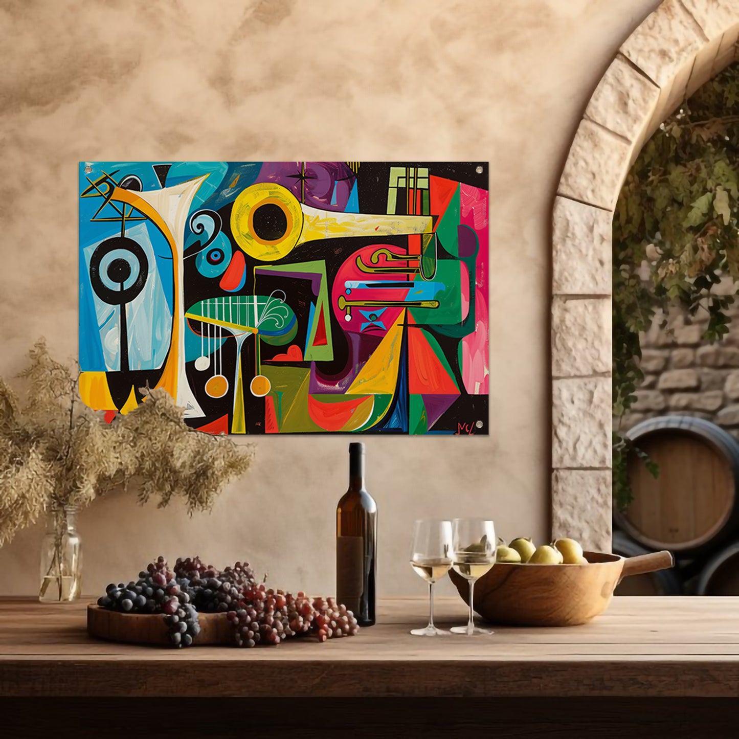Abstracte muzikale vormen in levendige kleuren tuinposter