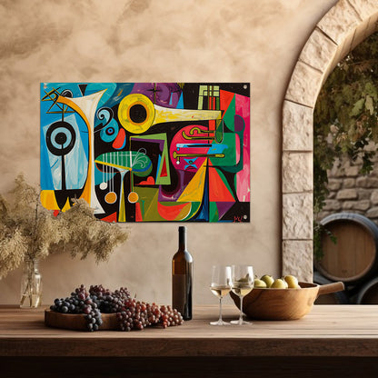 Abstracte muzikale vormen in levendige kleuren tuinposter