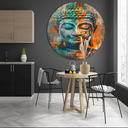 Kleurrijk rustiek Boeddha-portret voor serene sfeer aluminium muurcirkel