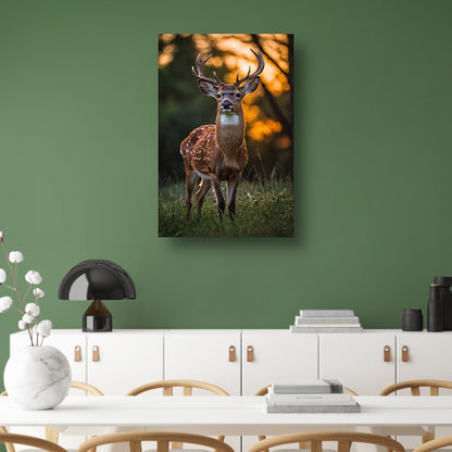 Hert in zonsondergang, natuurgetrouw en sereen canvas met baklijst