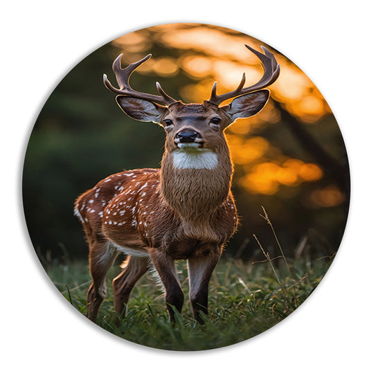 Hert in zonsondergang, natuurgetrouw en sereen aluminium muurcirkel