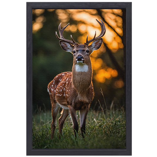 Hert in zonsondergang, natuurgetrouw en sereen canvas met baklijst