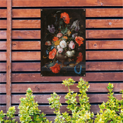 Stilleven met bloemen en een horloge - Abraham Mignon tuinposter