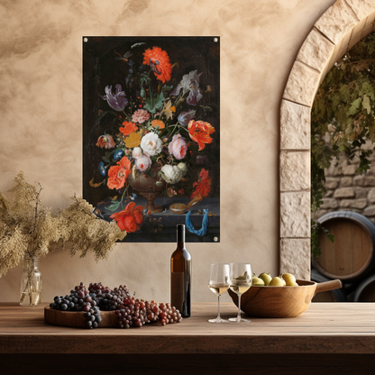 Stilleven met bloemen en een horloge - Abraham Mignon tuinposter