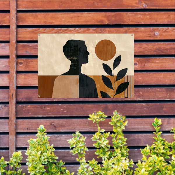 Abstract menselijk profiel met natuurlijke elementen tuinposter