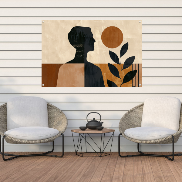 Abstract menselijk profiel met natuurlijke elementen tuinposter