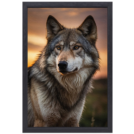 Prachtig wolfportret tijdens zonsondergang canvas met baklijst