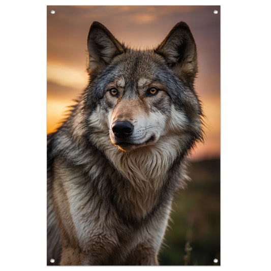 Prachtig wolfportret tijdens zonsondergang tuinposter