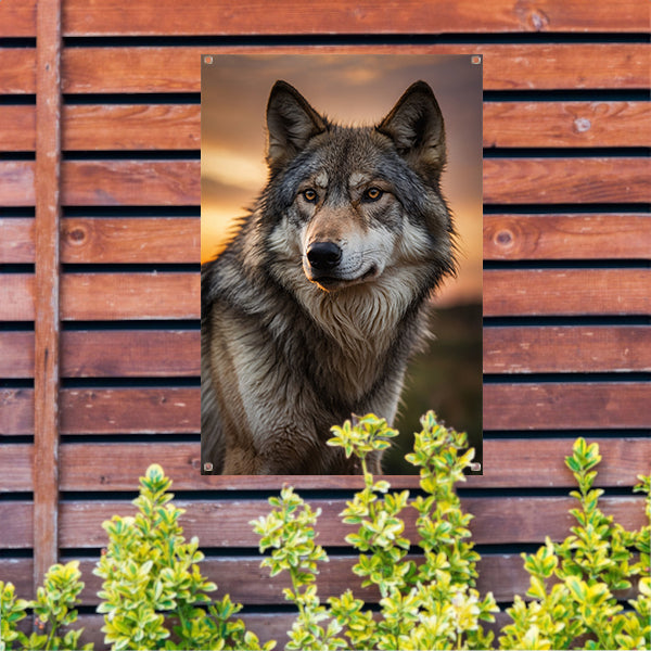 Prachtig wolfportret tijdens zonsondergang tuinposter