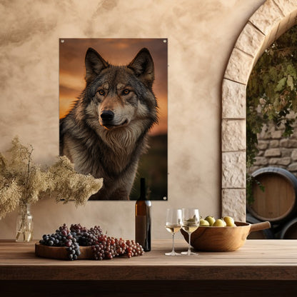 Prachtig wolfportret tijdens zonsondergang tuinposter
