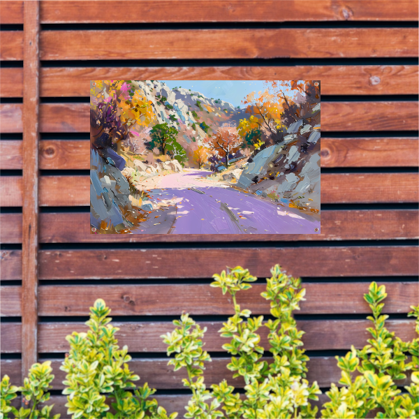 Kleurrijk herfstlandschap met kronkelende weg tuinposter