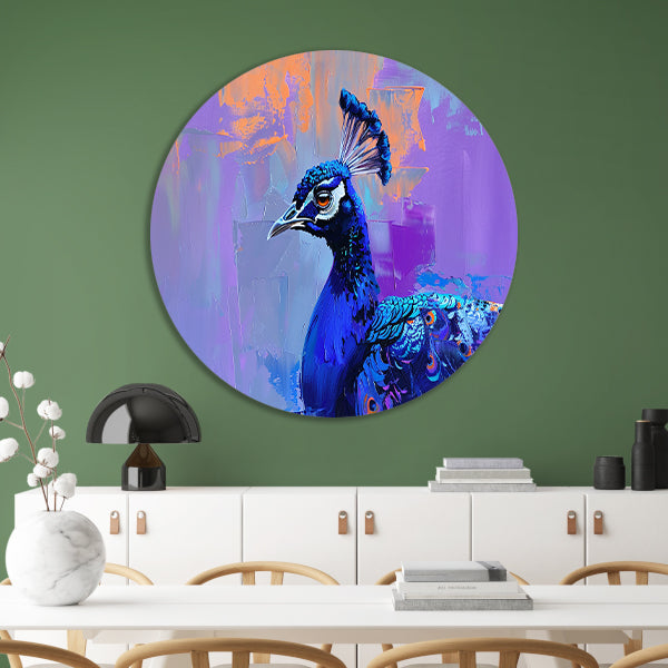Schilderij van kleurrijke pauw in abstracte stijl aluminium muurcirkel