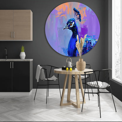Schilderij van kleurrijke pauw in abstracte stijl aluminium muurcirkel