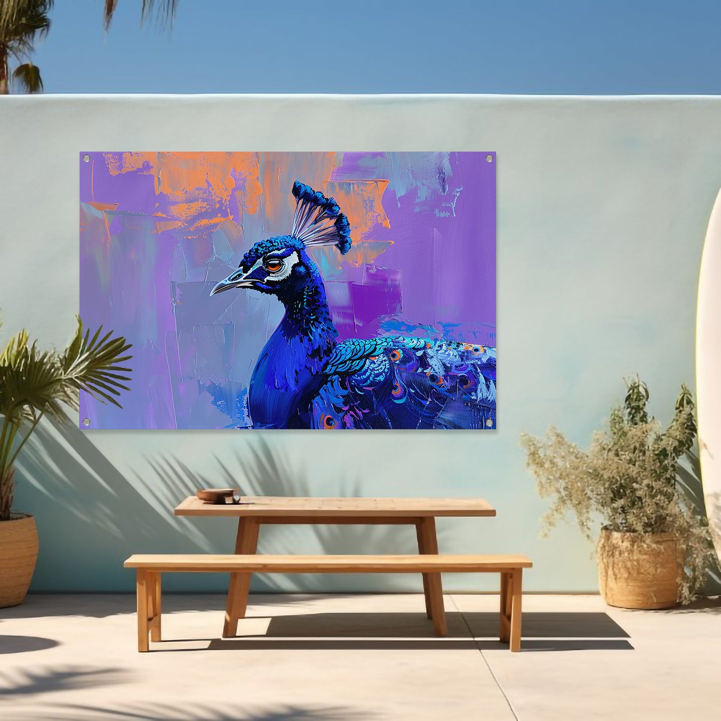 Schilderij van kleurrijke pauw in abstracte stijl tuinposter