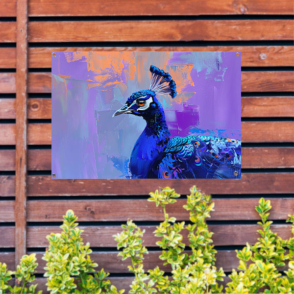 Schilderij van kleurrijke pauw in abstracte stijl tuinposter