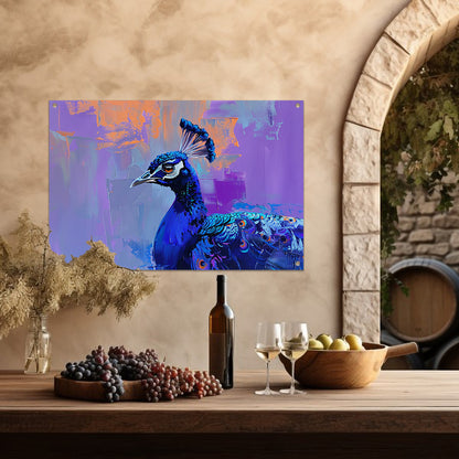 Schilderij van kleurrijke pauw in abstracte stijl tuinposter