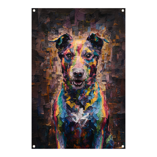 Expressieve kleurrijke hond in moderne kunst tuinposter