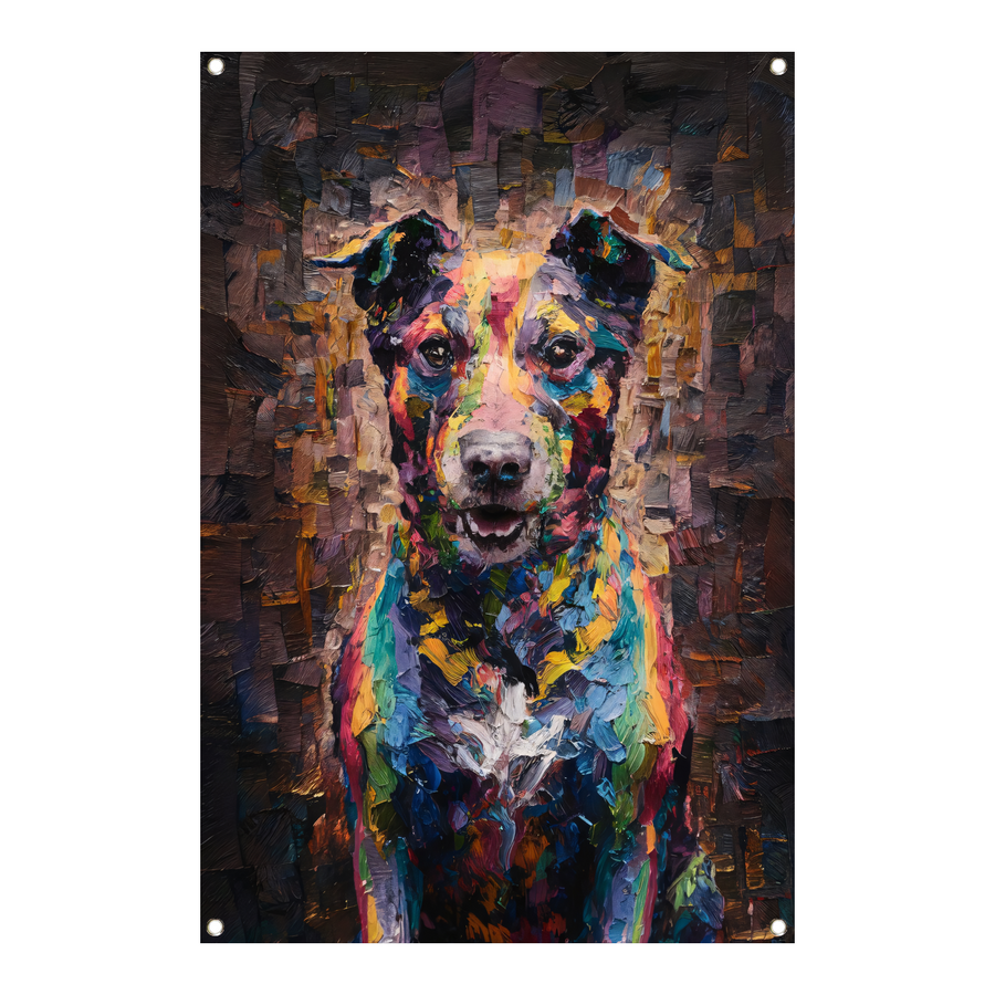 Expressieve kleurrijke hond in moderne kunst tuinposter