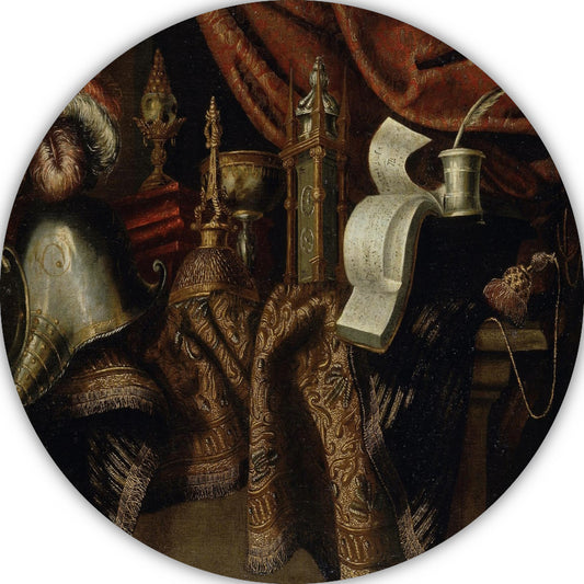 Stilleven met helm - Francesco Maltese aluminium muurcirkel