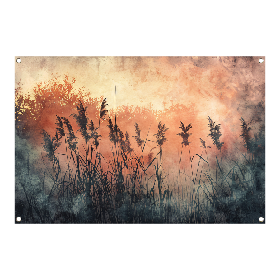 Schemerlicht over een rustig rietveld tuinposter