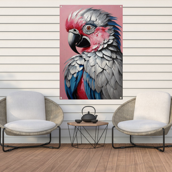 Levendig Papegaaienportret in Roze en Blauw tuinposter