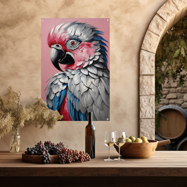 Levendig Papegaaienportret in Roze en Blauw tuinposter