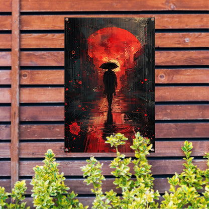 Mysterieuze Wandeling in Regenachtige Stad tuinposter