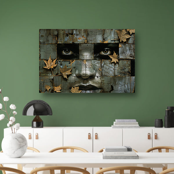 Surrealistisch gezicht met gouden bladeren kunstwerk canvas