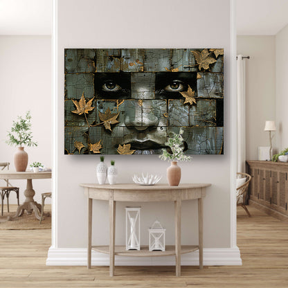 Surrealistisch gezicht met gouden bladeren kunstwerk canvas