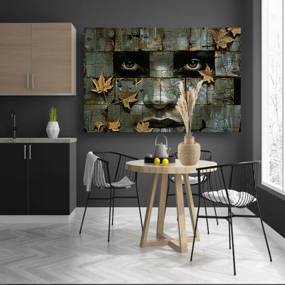 Surrealistisch gezicht met gouden bladeren kunstwerk canvas
