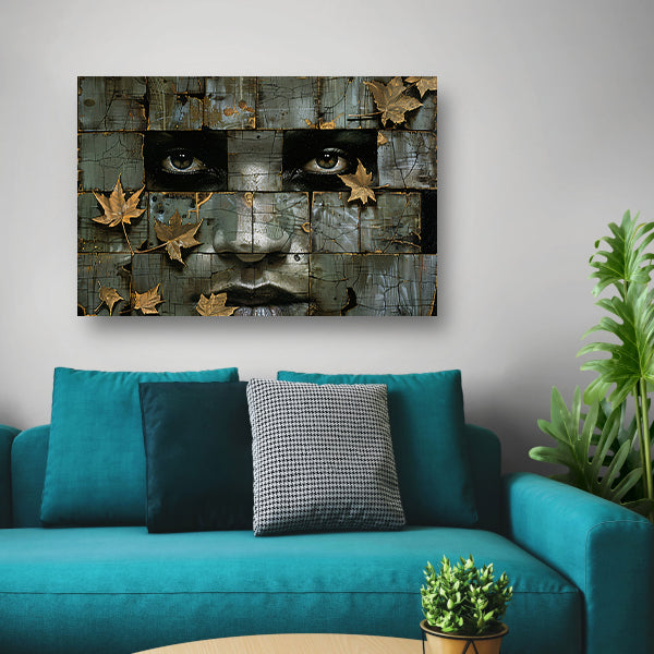 Surrealistisch gezicht met gouden bladeren kunstwerk canvas