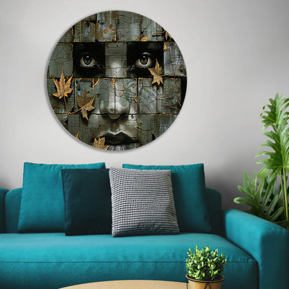 Surrealistisch gezicht met gouden bladeren kunstwerk aluminium muurcirkel
