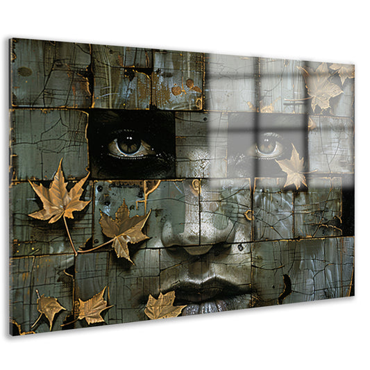Surrealistisch gezicht met gouden bladeren kunstwerk acrylglas