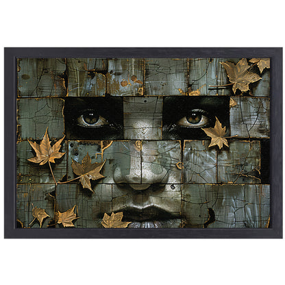 Surrealistisch gezicht met gouden bladeren kunstwerk canvas met baklijst