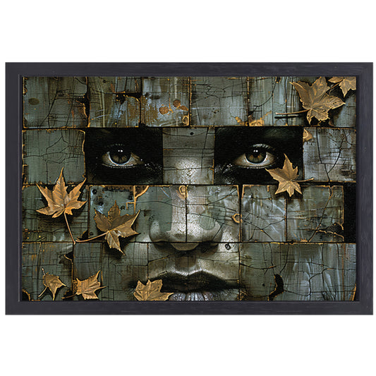 Surrealistisch gezicht met gouden bladeren kunstwerk canvas met baklijst