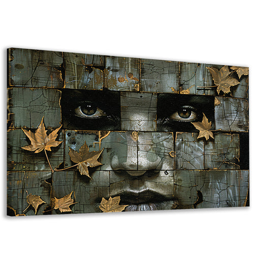 Surrealistisch gezicht met gouden bladeren kunstwerk canvas