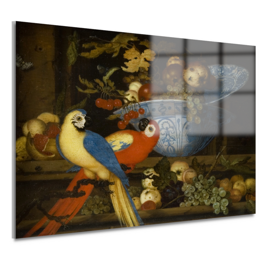 Stilleven met fruit en twee papegaaien - Balthasar van der Ast acrylglas
