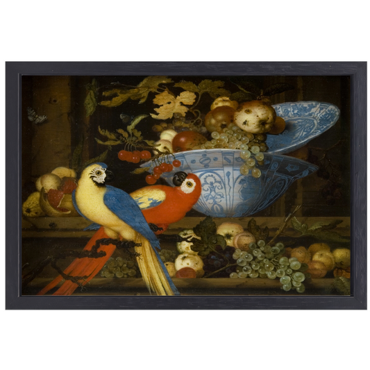 Stilleven met fruit en twee papegaaien - Balthasar van der Ast canvas met baklijst