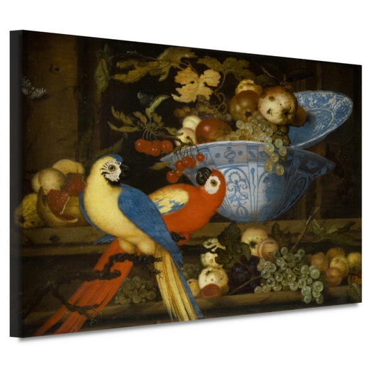 Stilleven met fruit en twee papegaaien - Balthasar van der Ast canvas